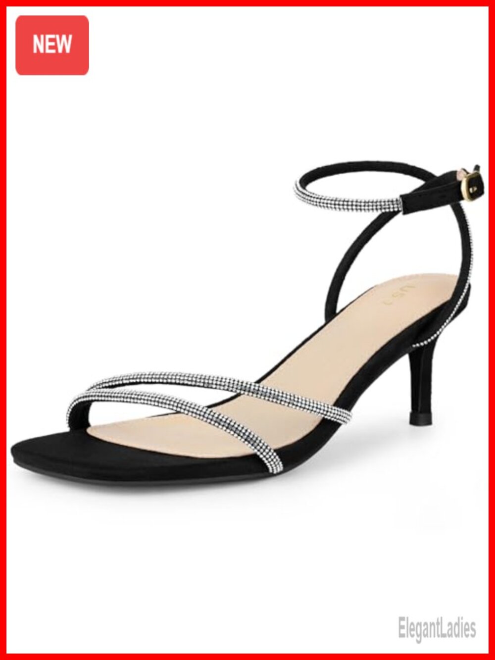 Kitten Heel Rhinestone Slingback Sandals Ankle Strap Square Toe